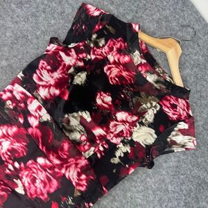 Shabby Apple Womens Size 10 Floral Satin Sheath Dress Black Red Cap Sleeve Retro